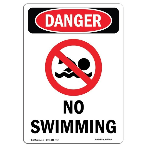 Signmission Safety Sign, OSHA Danger, 14" Height, Aluminum, No Swimming, Portrait OS-DS-A-1014-V-1709